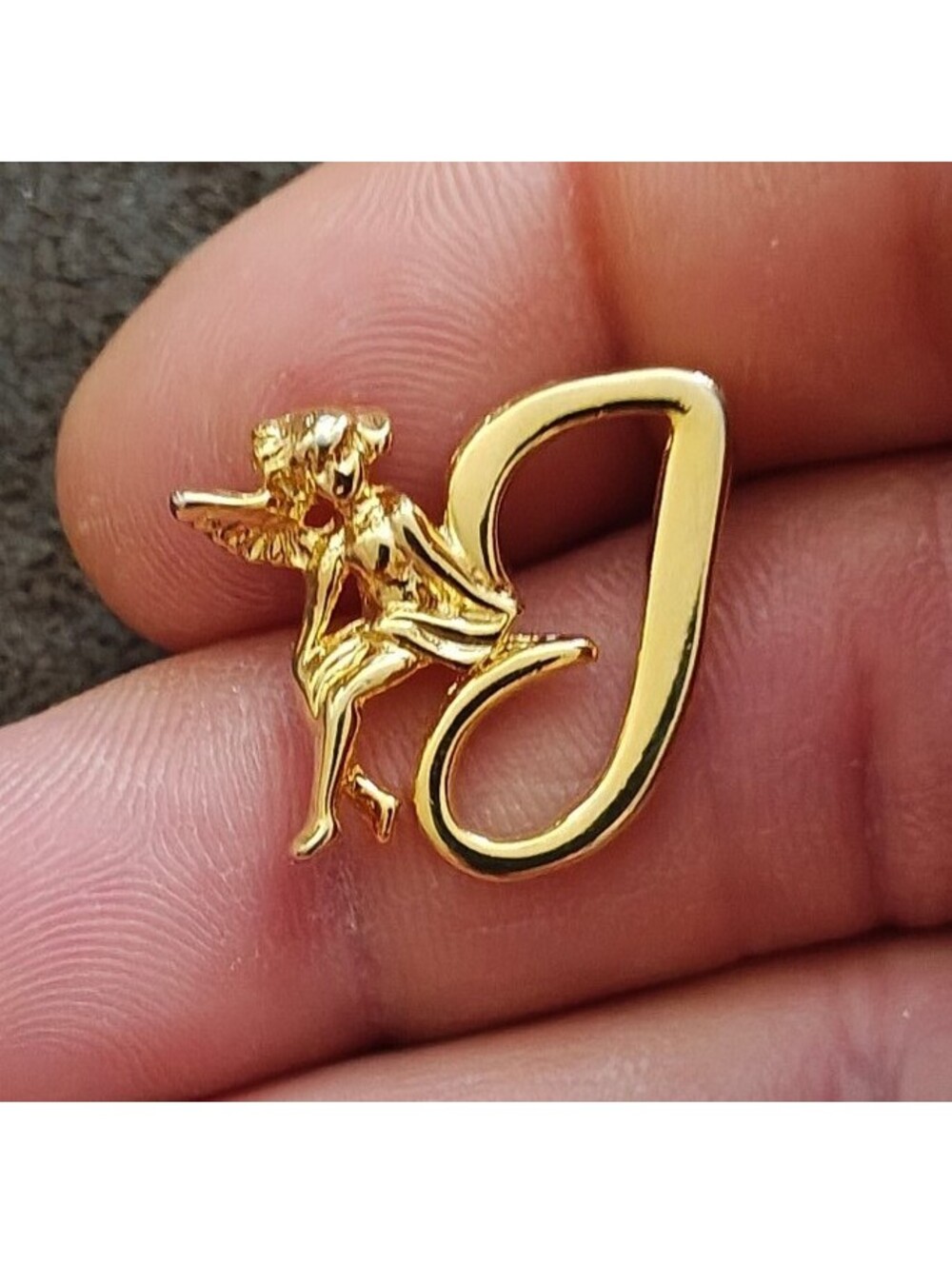 1980s Gold Tone Monogram Initial J & Guardian Angel Brooch Pin